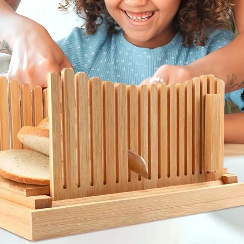 Home-use Manual Bread Slicer, Bamboo Bread Slicer, Adjustable Thickness, with Tray for Holding Breadcrumbs, Baking Supplies