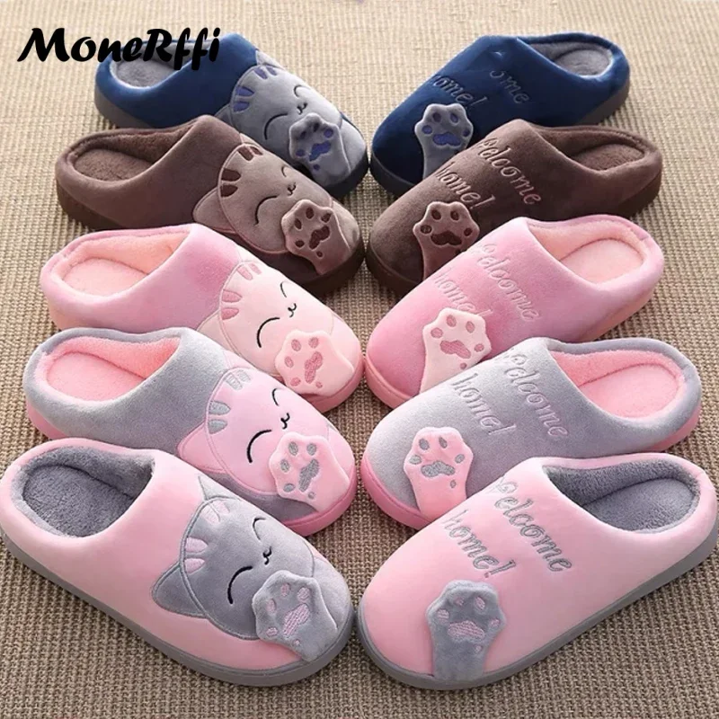 

Couple Winter Home Slippers Women Shoes Cute Cartoon Cat Slippers Men Warm Plush Slides Indoor Bedroom Non-Slip Floor Slipper