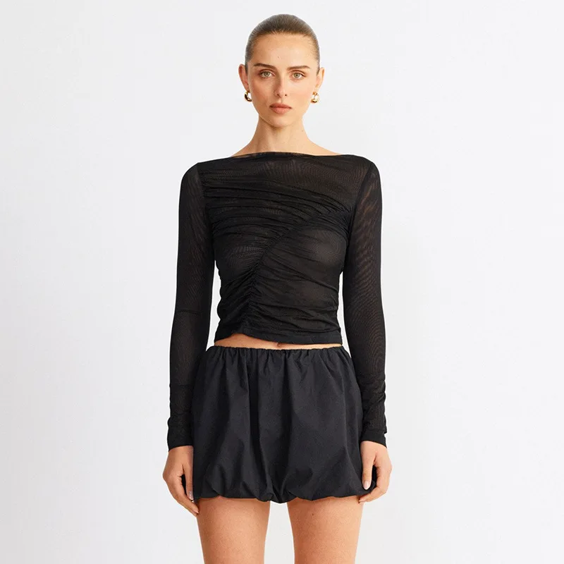 Summer See-Through Mesh T-shirt Top Women Pleated Patchwork See-Through Slim Cropped Top Tee Female Solid T-shirt Pullover