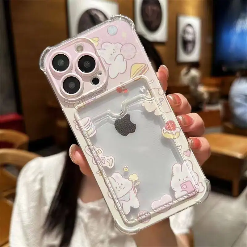 INS Korean Cute Pink Rabbit Card Slot Bag Holder Phone Case for IPhone 16 15 14 13 12 11 Pro Max 16 Plus 12 Mini 7 8 X XR Cover 5