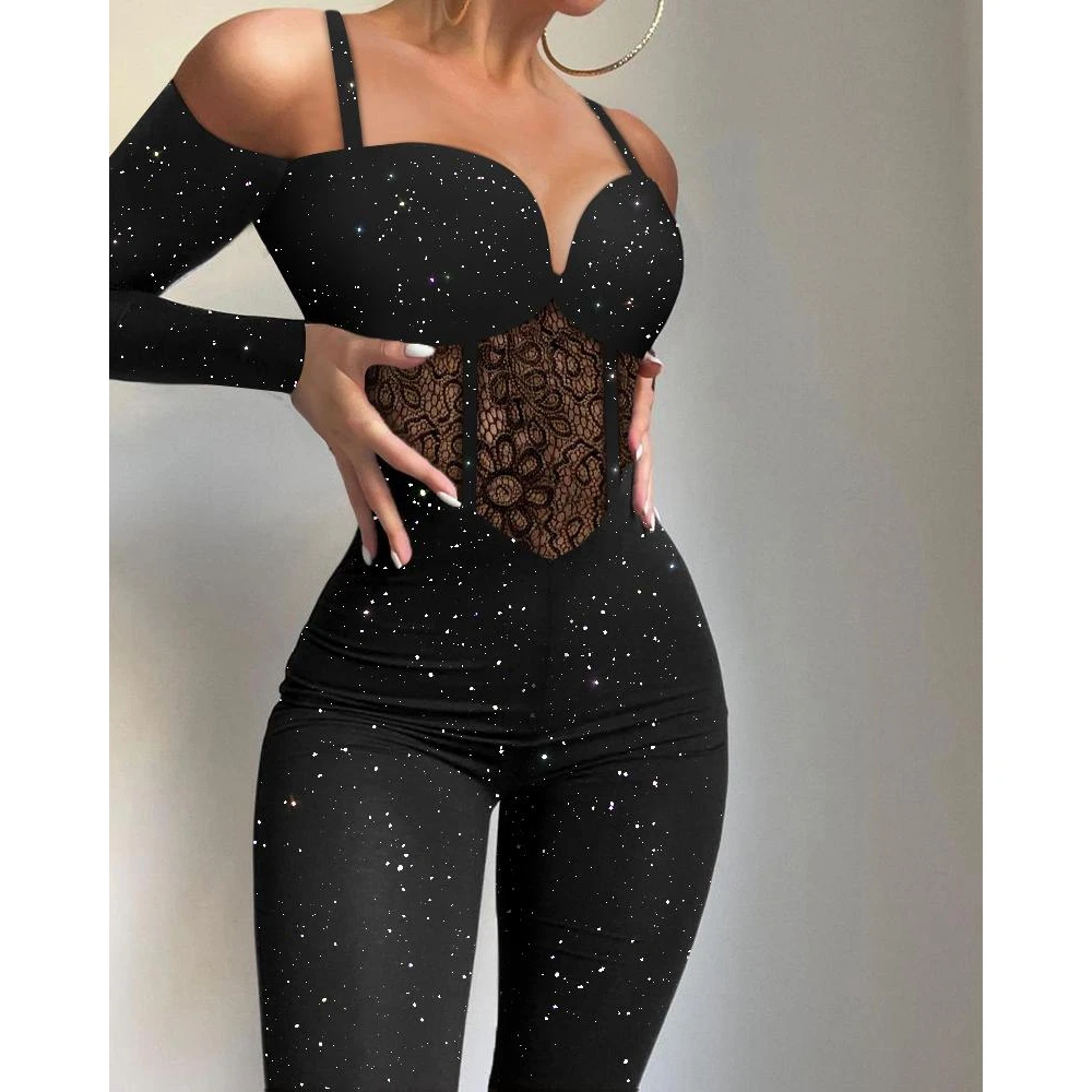 

Women Print Glitter Cold Shoulder Contrast Lace Corset Jumpsuit 2023 New Femme Long Sleeve Onesie Office Lady Overalls traf