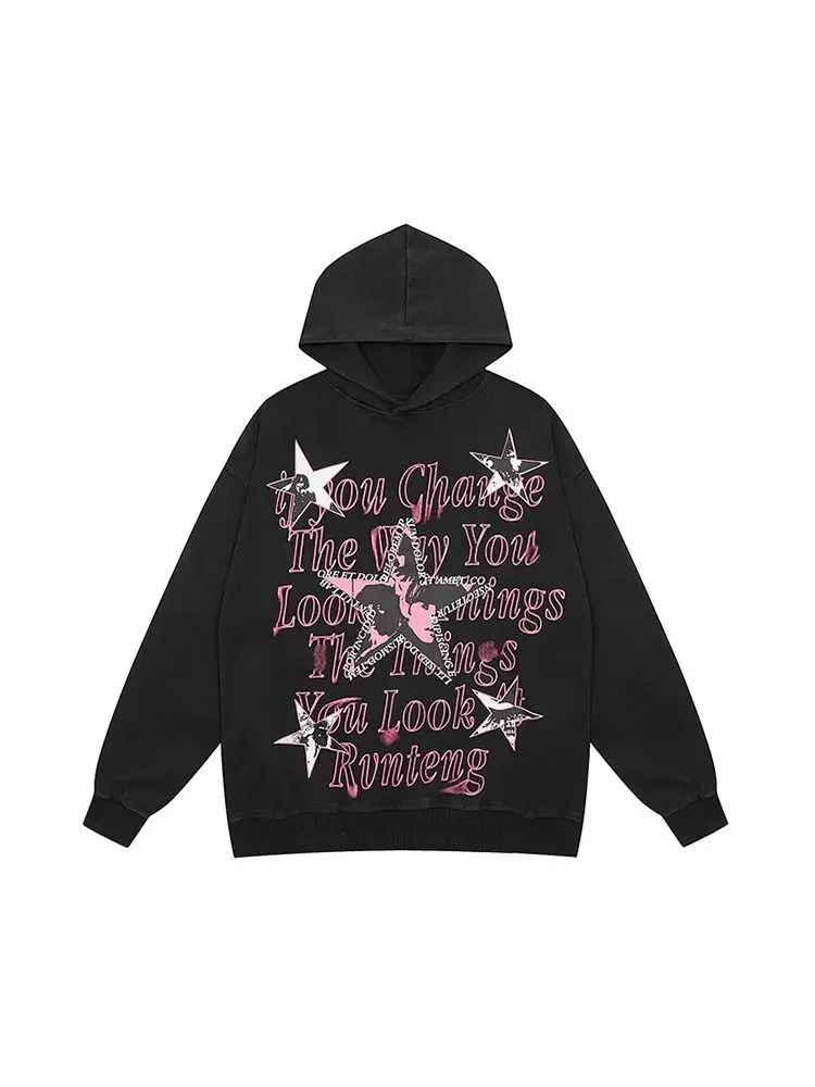 Hoodie Letters Stars Printed Retro Tops Harajuku Streetwear Hip Hop Hoodie Women 2023 New