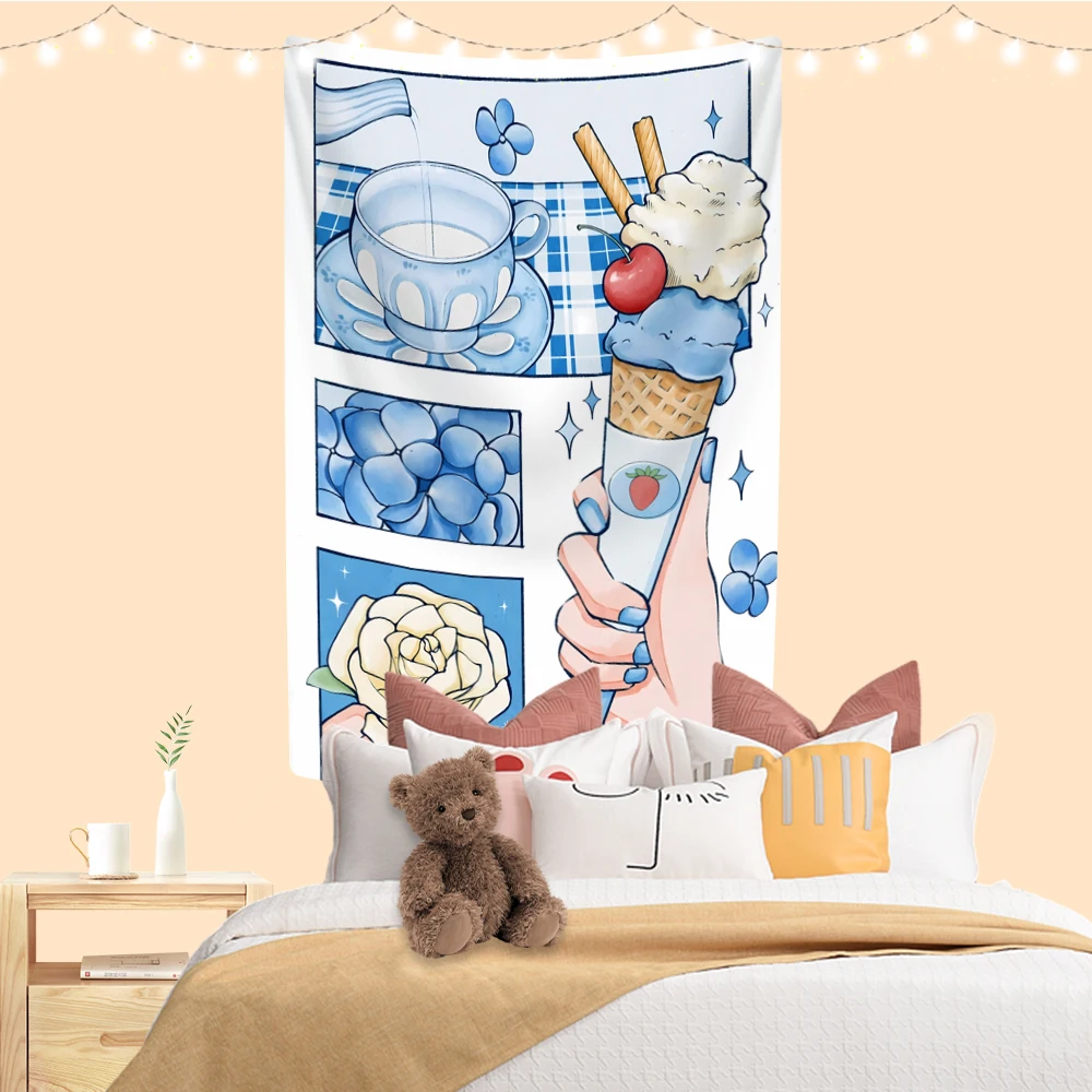

Small Fresh Home Tapestry Flowers And Fruits Anime Printed Kawaii Wall Hanging Dorm Background Cloth Bedroom Decor Sofa Blanket