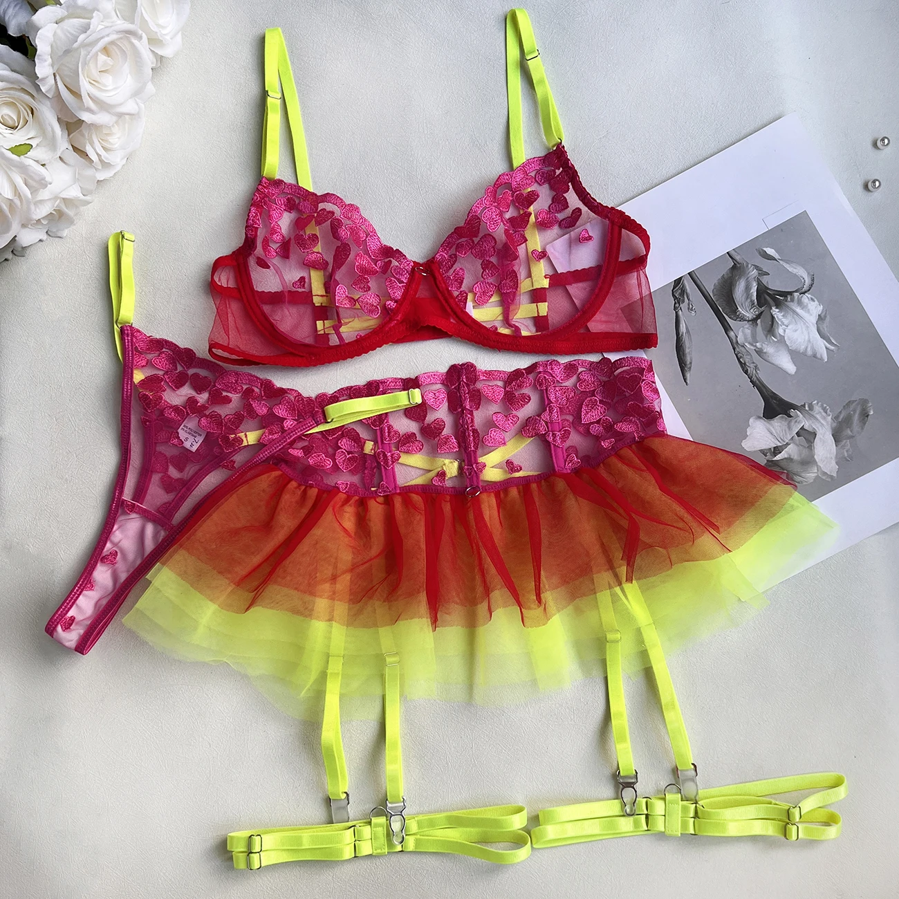Ellolace Ruffle Heart Lingerie Sissy Erotic Seamless Underwear Fairy Luxury Intimate Garter Belt Valentine Contrast Color Outfit