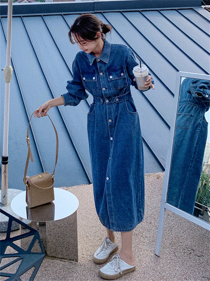 Vintage Denim Dress 2023 Spring Autumn Women Elegant Long Sleeve Lapel Slim  Casual French Style Shirt Maxi Dresses Girl 2821