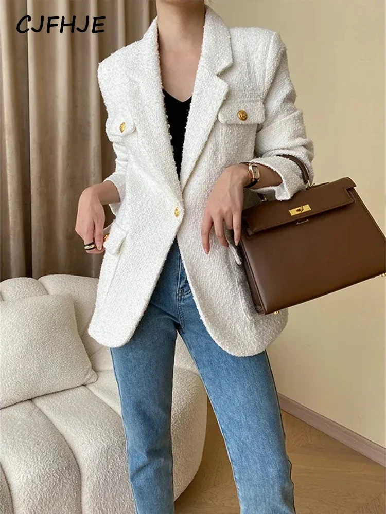 

CJFHJE French Style Small Fragrant Black Tweed Coats Women Autumn Winter White Fashion Office Lady Blazers Casual Pocket Jackets