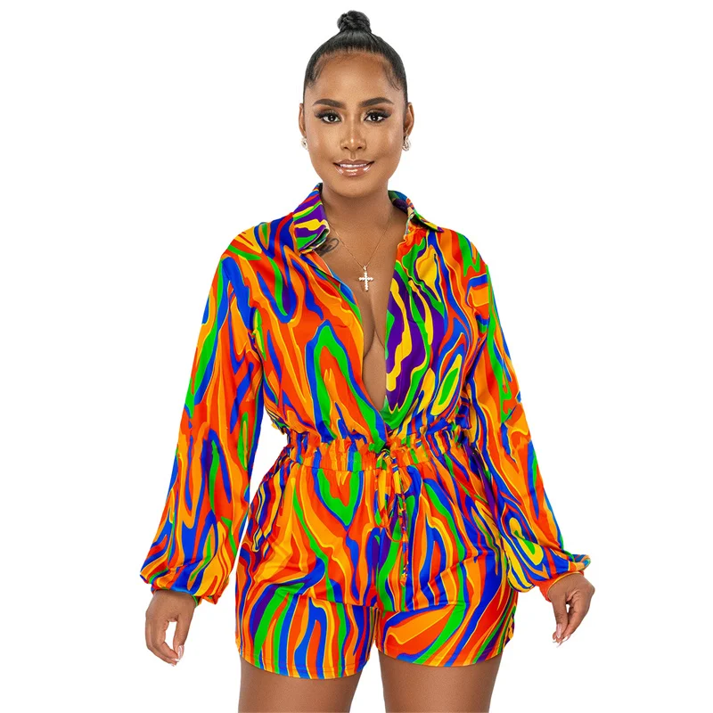 Znaiml Sexy Tie Dye Print Long Sleeve Shirt Romper Playsuit for Women y2k Jumpsuit One Pieces Shorts Party Night Club Outfits