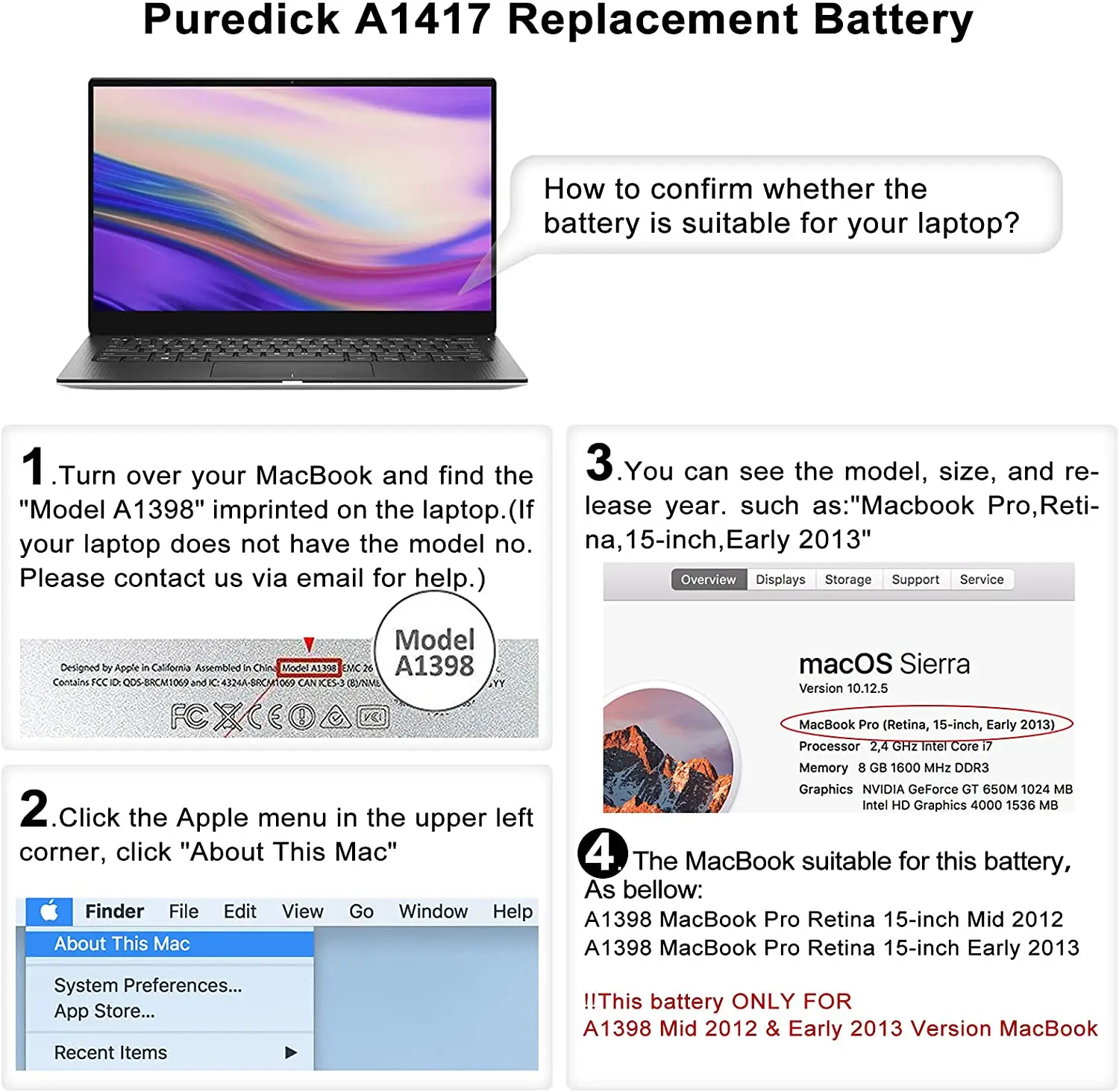 A1417 Battery Only for (Mid 2012 & Early 2013) A1398 MacBook Pro - Replacement Battery for A1398 MacBook Pro 15-inch