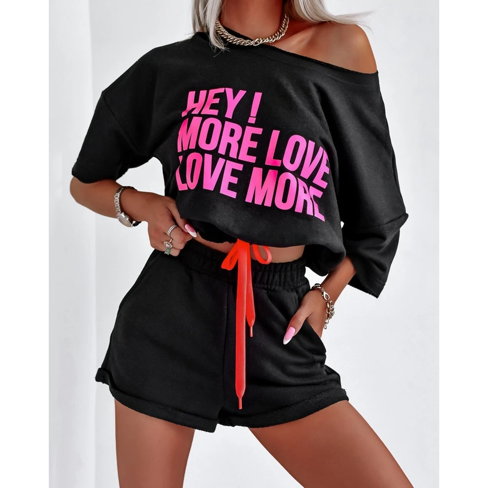 Summer Casual Two-Pieces Suit Sets Summer Outfits Women Letter Print Short Sleeve Buttoned Top & Drawstring Shorts Set Clothing