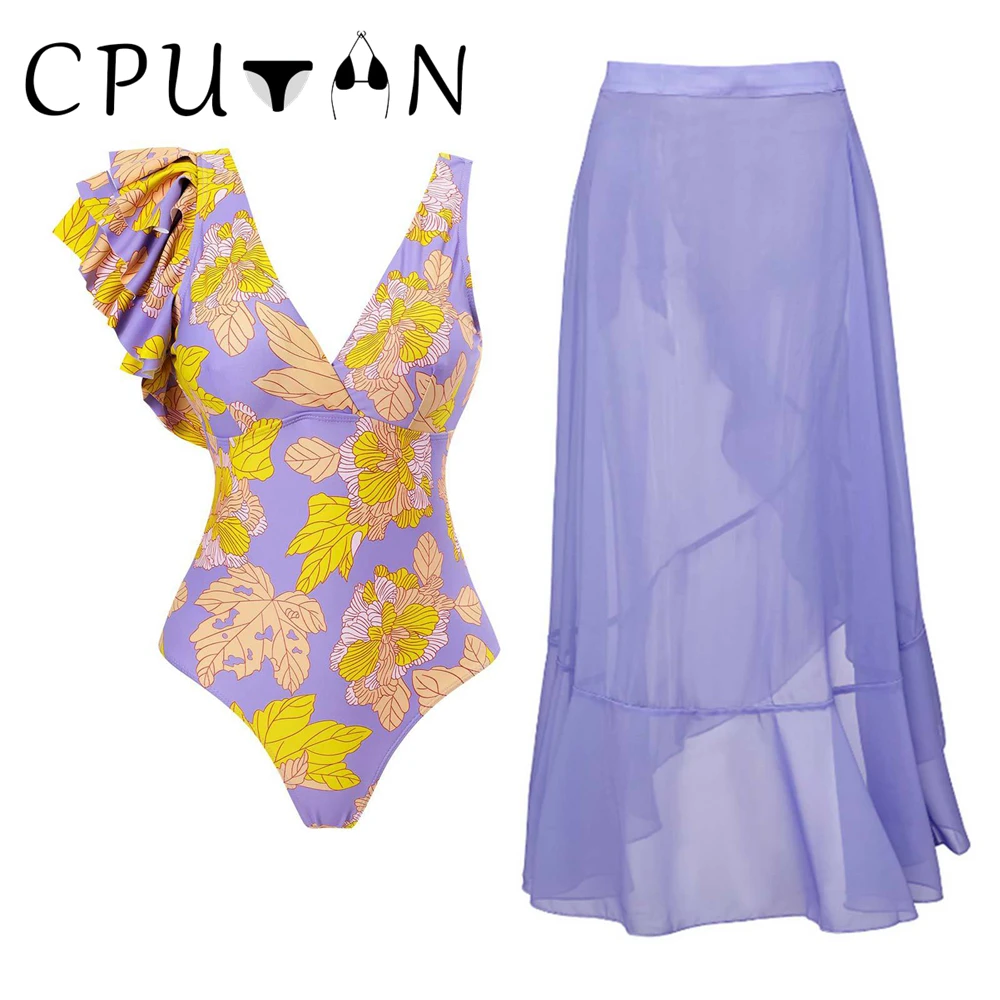 

CPUTAN 2023 New Sexy Ruffle Bikini Set One Piece Swimwear Skirt Women Floral Swimsuit Beach Girls V Neck Swimming Suit Dress