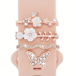 Butterfly Flower Rhinestone Watch Strap Charms - 4pcs Set of Decorative Ring Loops and Nail Studs (Rose Golden)