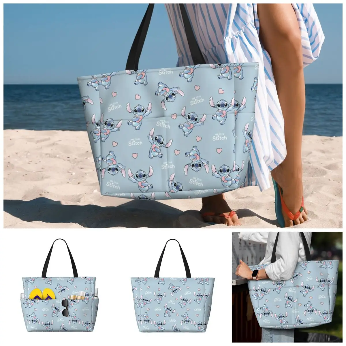 Disney Stitch Large Beach Tote Bag Women Sandproof Tote Bags for Travel