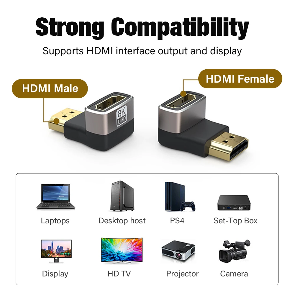 8K HDMI 2.1 Cable Adapter 90 Degree Right Angle Male to Female Connector 4K 8K HDMI Extender for TV Stick PS4 PS5 Xbox PC Laptop