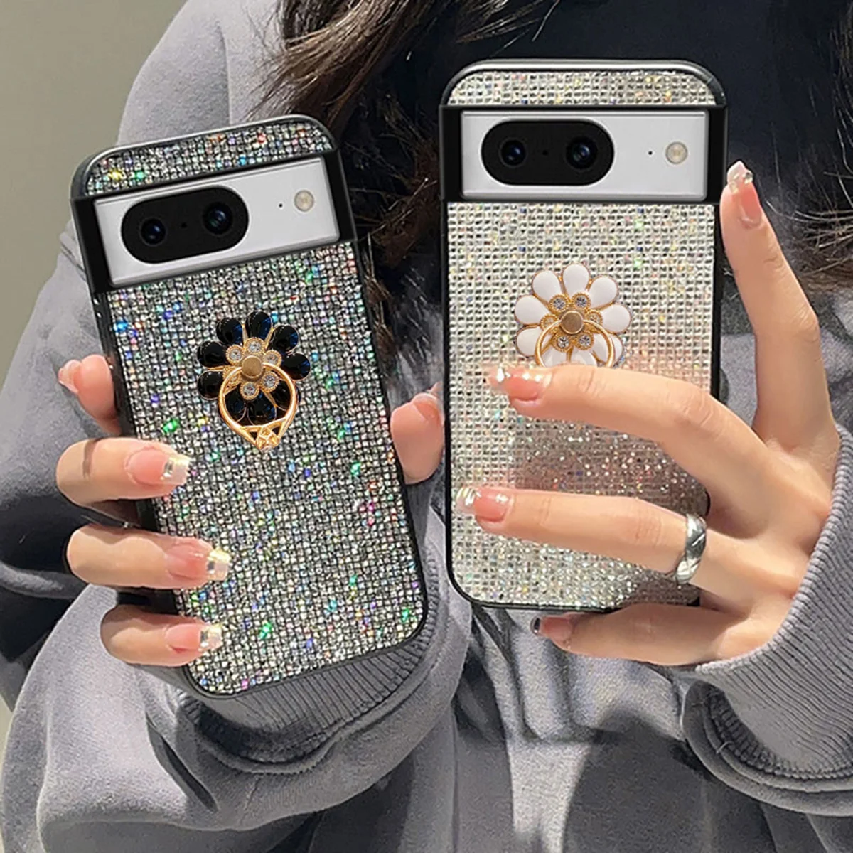 Luxury Sparkling Flower Ring Buckle Phone Case with Sequin Shiny Lattice Back Cover