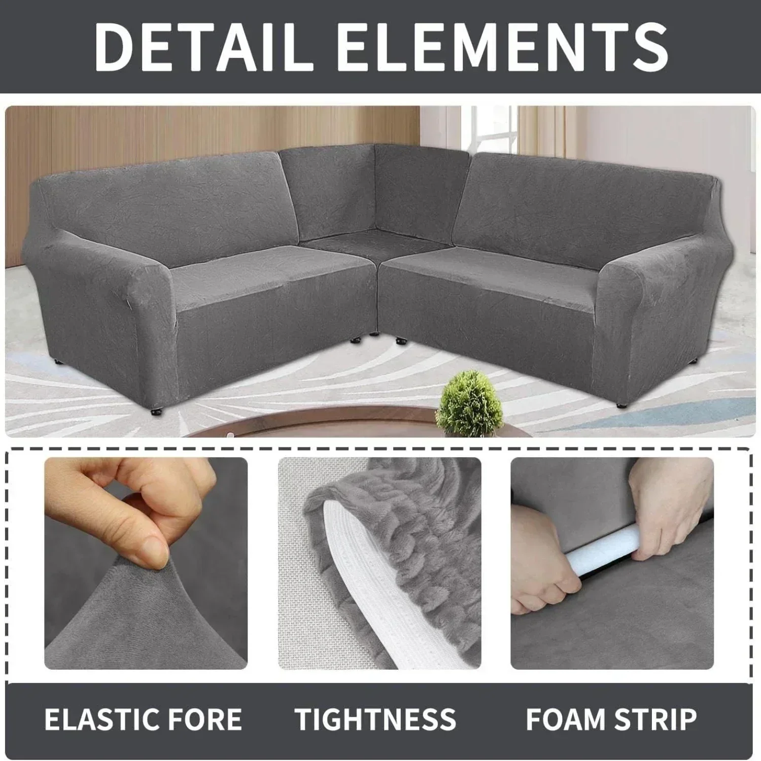 Velvet 3 Pcs L Shaped Couch Covers Sectional Sofa Corner Sofa Cover Plush Stretch 5 Seater Corner Sofa Slipcover Couch Protector 6