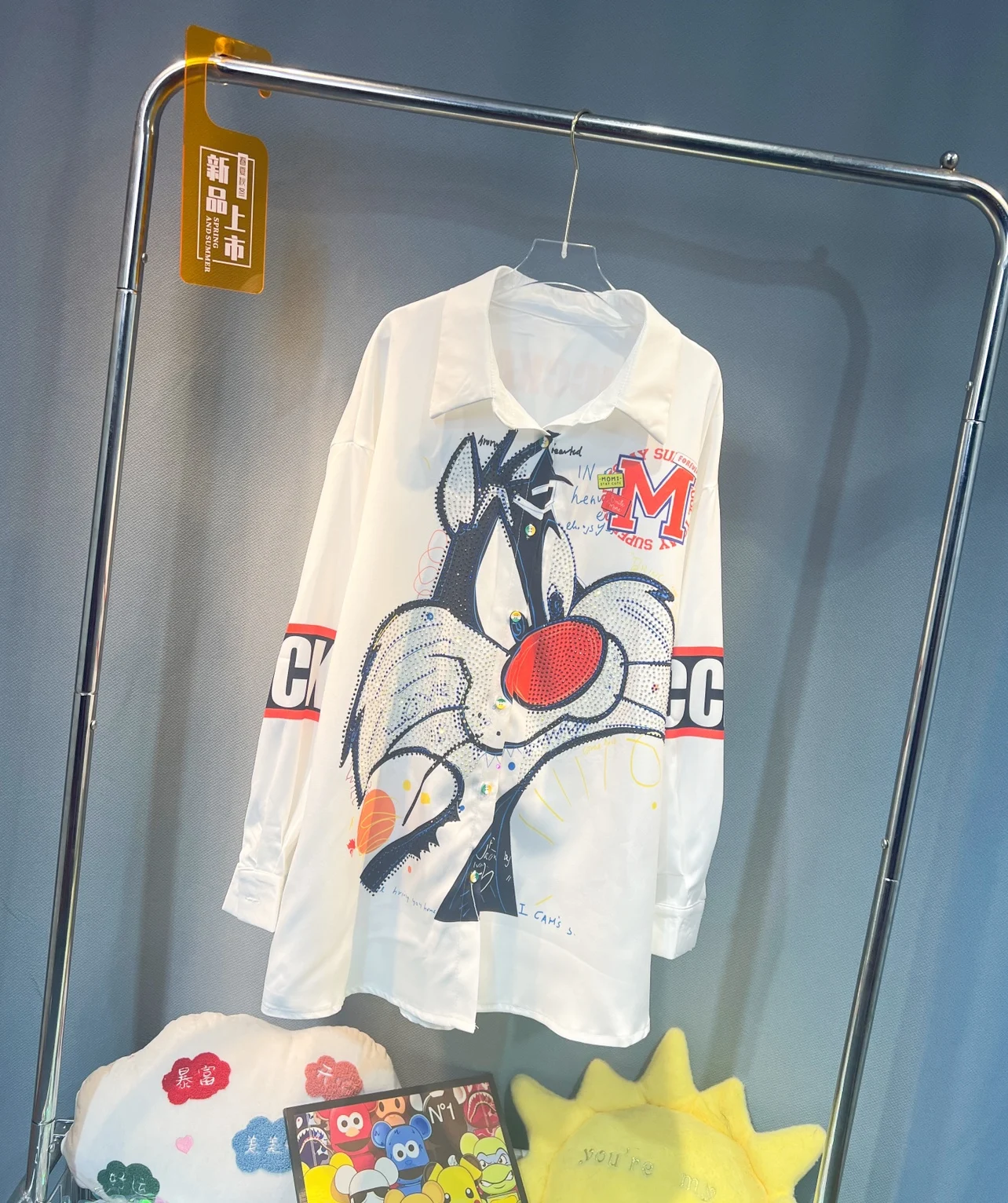 

Trendy 2023 New Autumn Fashion Hot Drilling Cartoon Printed Women Shirts Chic Cardigans Top Mid-long Long Sleeve White Blouses
