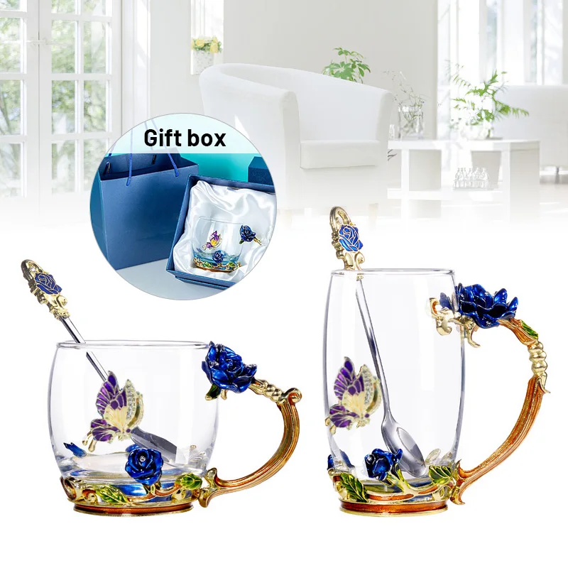 Blue Rose Enamel Crystal Cup Flower Tea Glass High grade Glass Cup