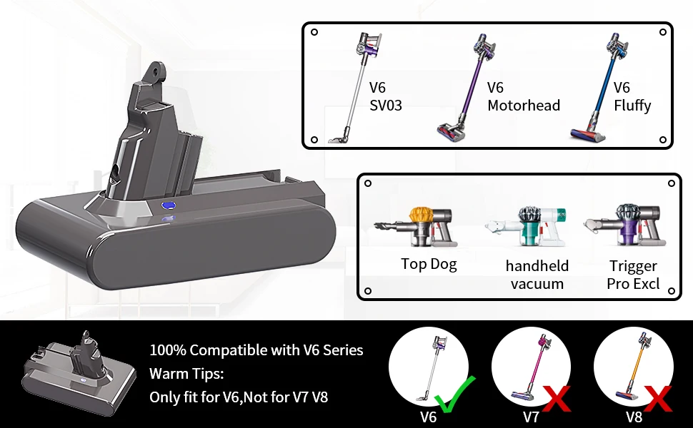 21.6V 6000mAh Lithium Battery for Dyson V6 DC62 DC58 DC59 SV09 SV07 SV03 SV05 DC74 965874-02 V6 Fluffy V6 Trigger V6 Animal