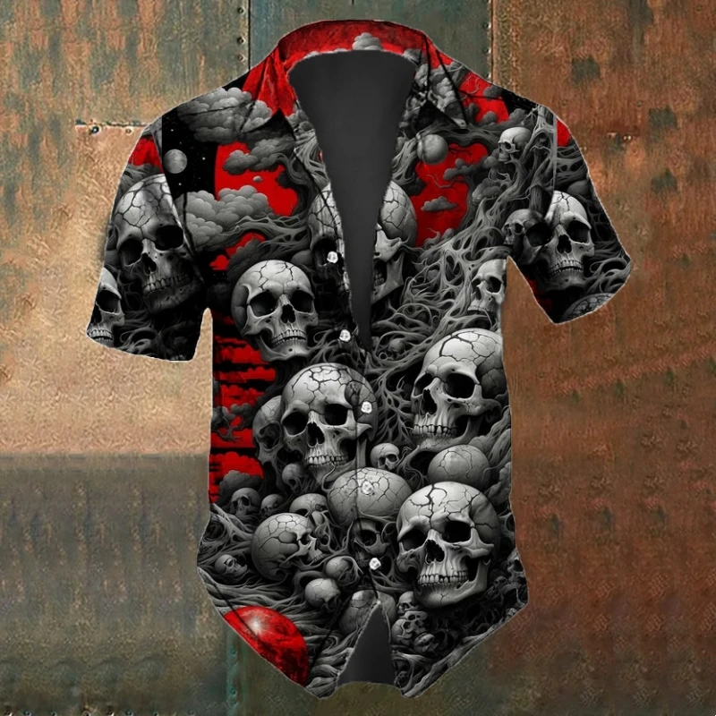 Casual Short Sleeved Shirt Short Sleeved Shirt Men's Skull Shirts Summer Casual Short Sleeve Shirt for Men Black White Printed Men's Clothing Loose Oversized Lapel Shirts Top