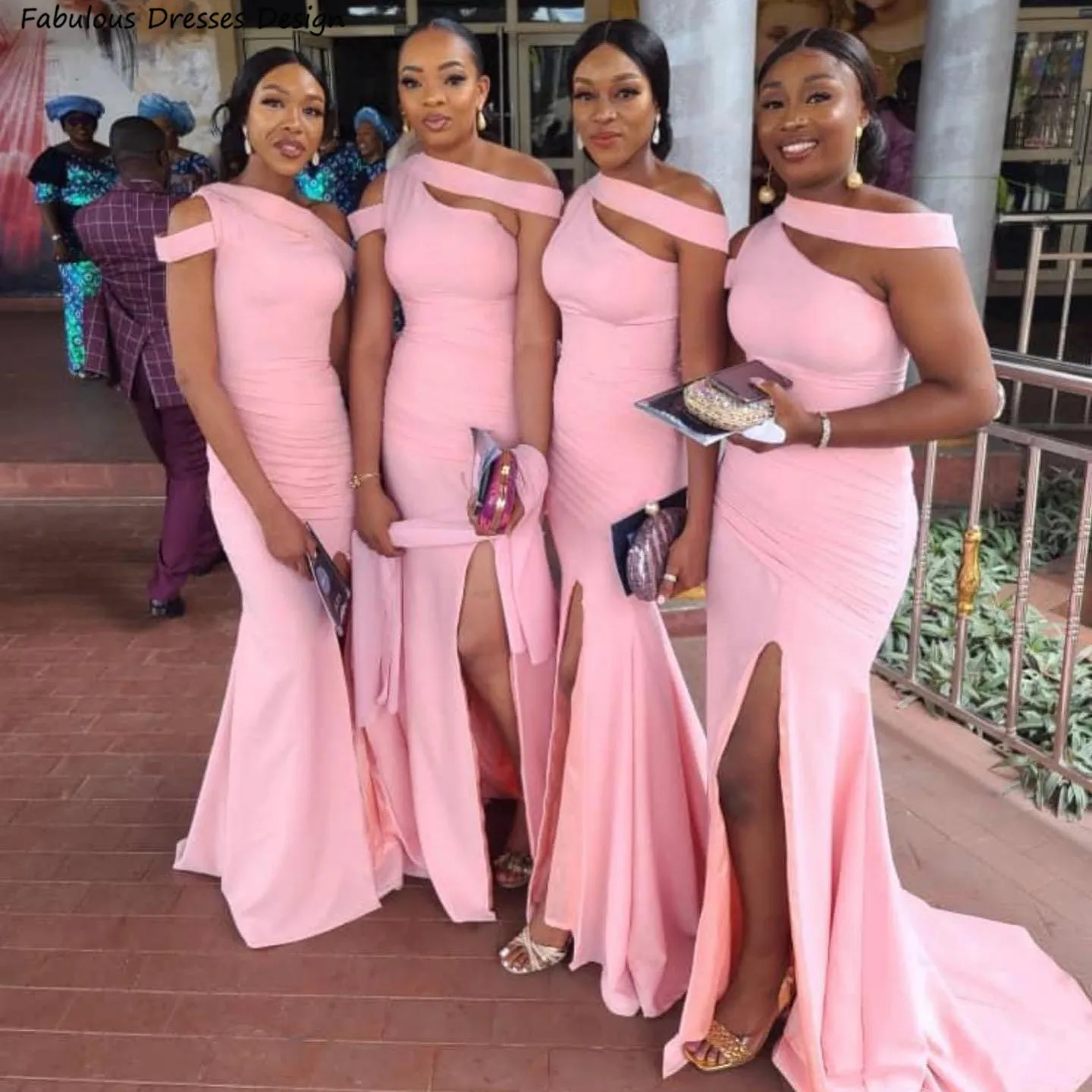 

Pink Side Slit Bridesmaid Dresses Long Mermaid Pleat Sleeveless Trumpet Wedding Guest Dress Party For Women Maid Of Honor
