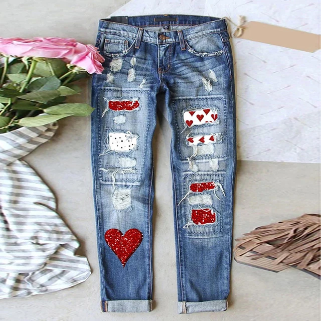 Women's Autumn And Winter Valentine's Day Jeans Printed Hole