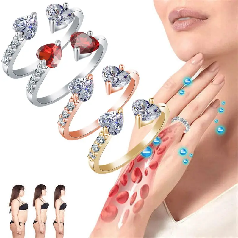 Fashion Double Heart Love Quartz Crystal Ring Ionix Therapy Quartz Open Ring for Women Therapy for Weight Loss Lymphatic fashion rings