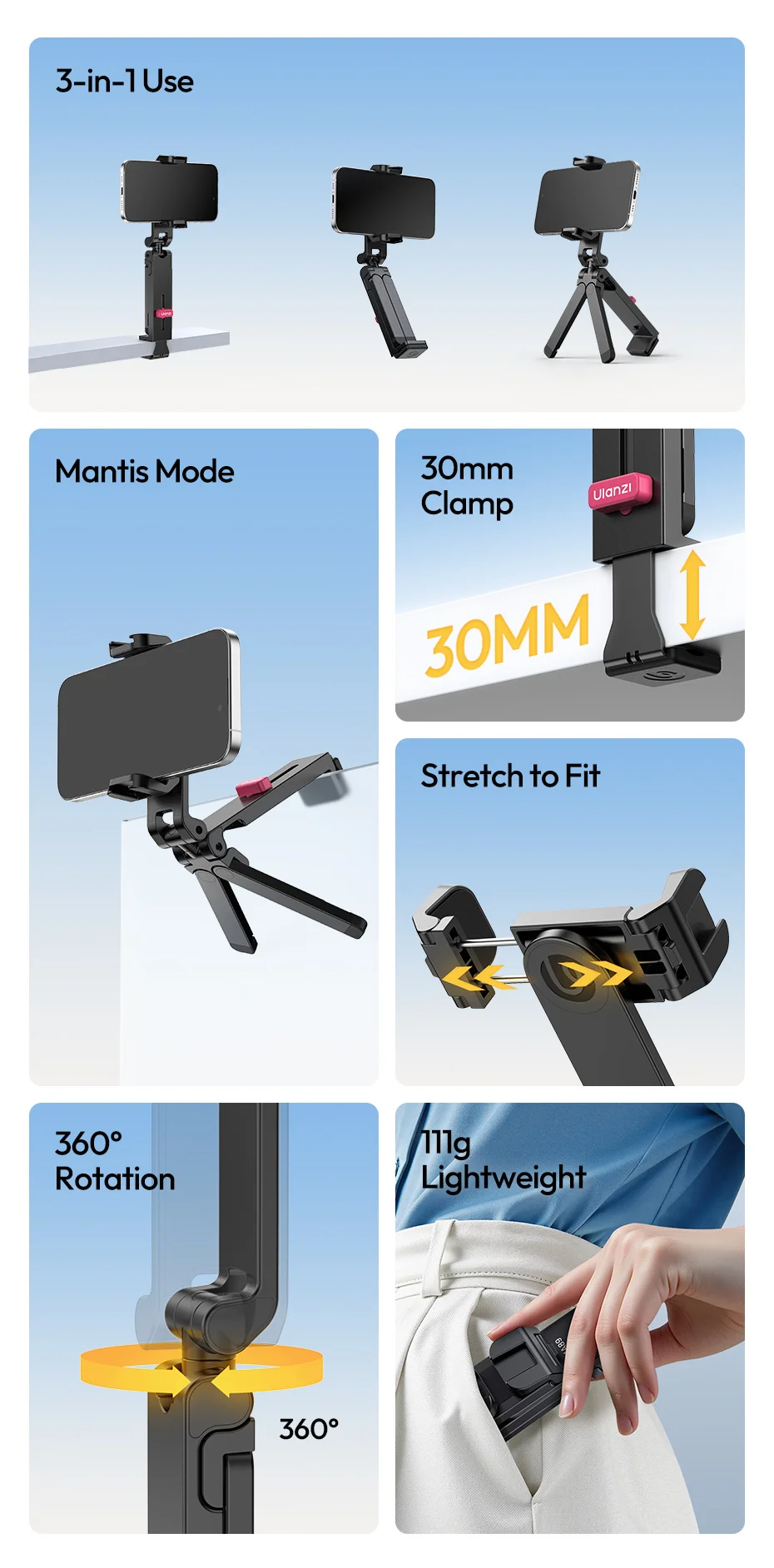  MA89 Phone Holder Mount for Smartphone Tripod Selfie Stick with 30MM Bottom Cl