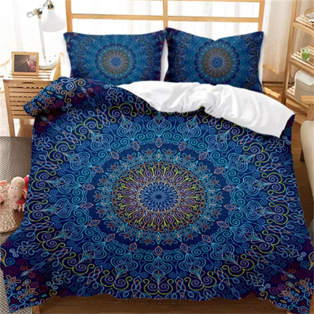 Bohemian Mandala Duvet Cover Set Twin Queen King Full Size,Blue Boho Chic Microfiber Bedding Set for Boys, Girls, Kids and Teens