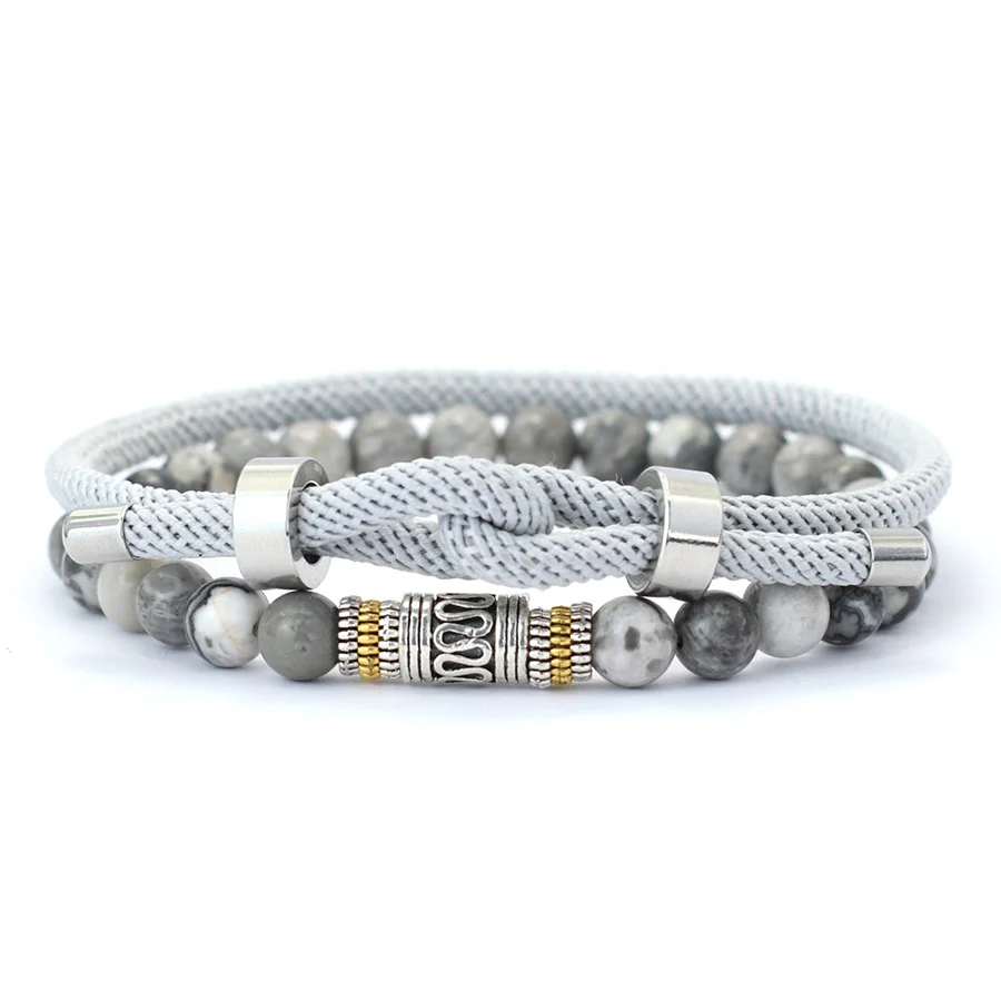 Men Bracelet Set 4mm Rope Charm Lava Onyx Stone Beaded Good Luck Red Cord