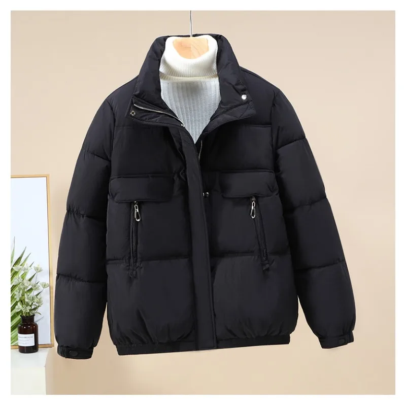 

Winter Coat Stand Collar Long Sleeve Puffer Jacket Women Coat Thick Warm Parka Zipper Pockets Korean Cotton Jacket Outerwear New