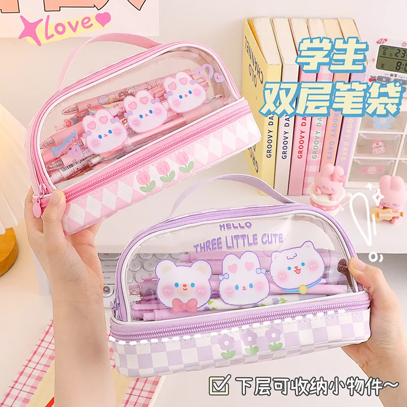 Portable Double-layer Transparent Pen Bag Box Stationery Aesthetic School Cases Pencil Pouch Utilities Holsters Pencilcase Girls pencil cases pen storage bag stationery box