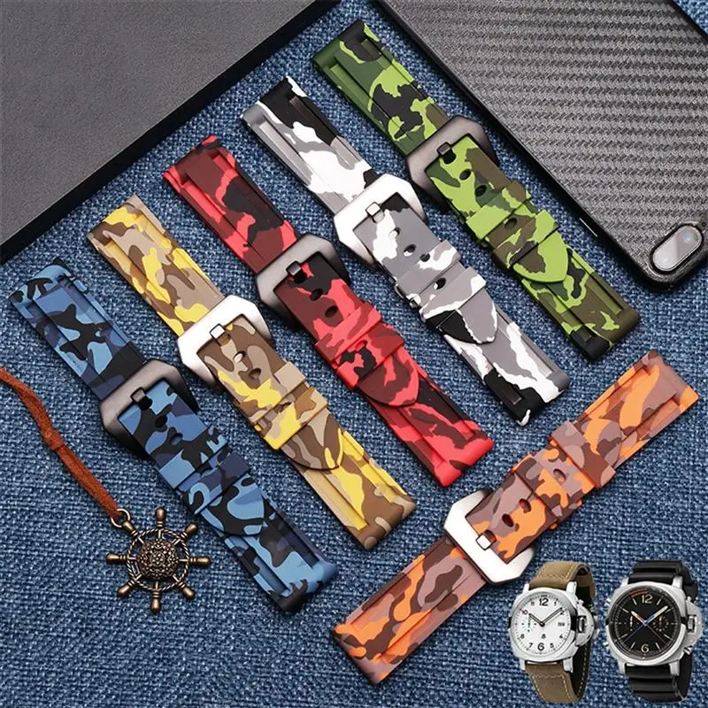 PCAVO Silicone watchband For PAM111 386 441 series wristband straps 20mm 22mm 24mm 26mm Waterproof sports camouflage bracelet