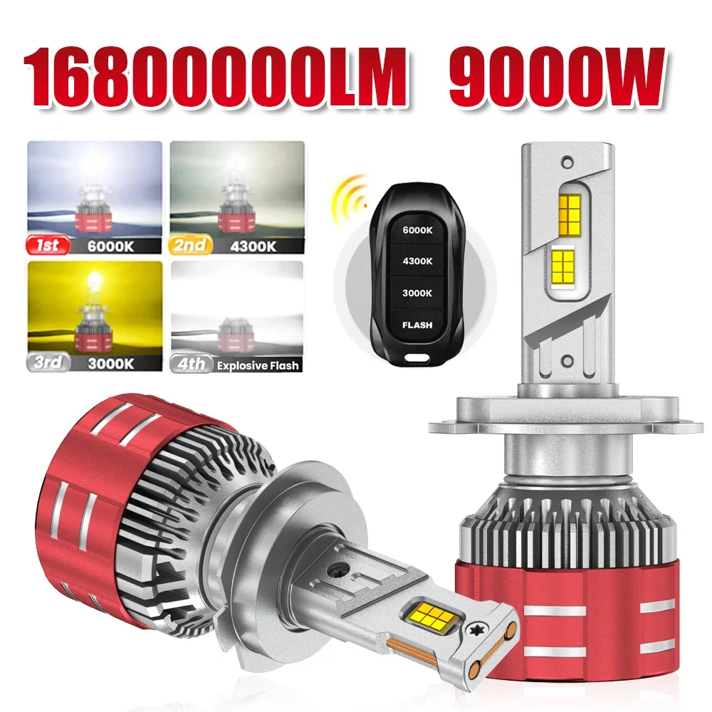 9000W 3000K 4300K 6000K H7 H4 LED 자동차 헤드라이트 고출력 캔버스 리모컨 헤드램프 9005 HB3 9006 HB4 H1 H11 12V 24V