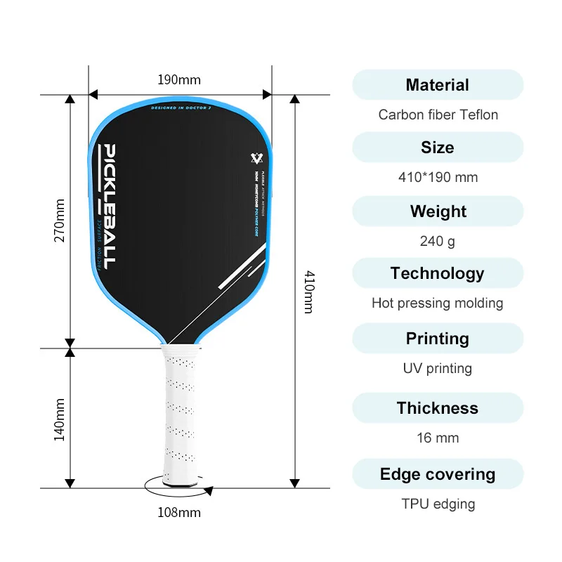 ATNEW 16MM Thermoformed Carbon Fiber Pickleball Paddle, Matte Cloth Teflon Training Racket