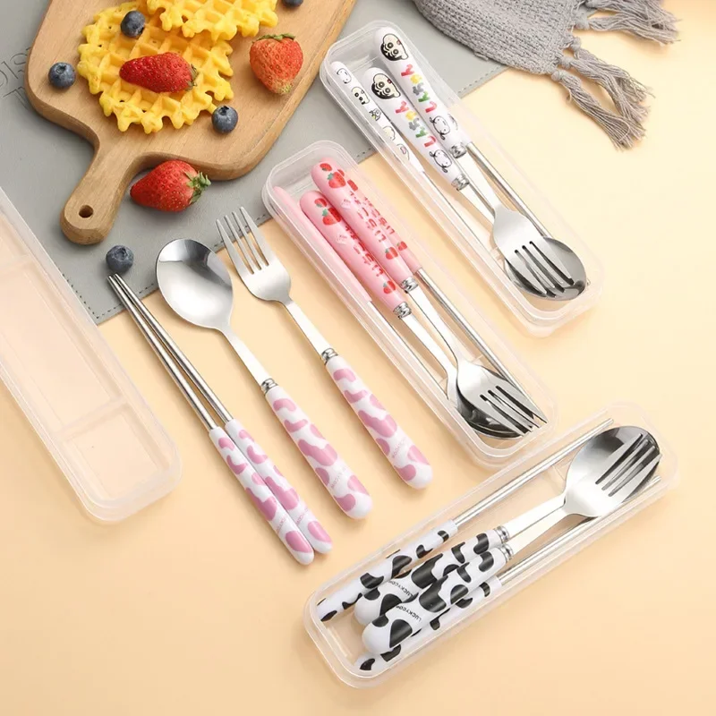 Cartoon Cow Cutlery Spoon Fork Chopsticks Stainless Steel Portable Travel Lunch Tableware Dinnerware Sets Kitchen Accessories