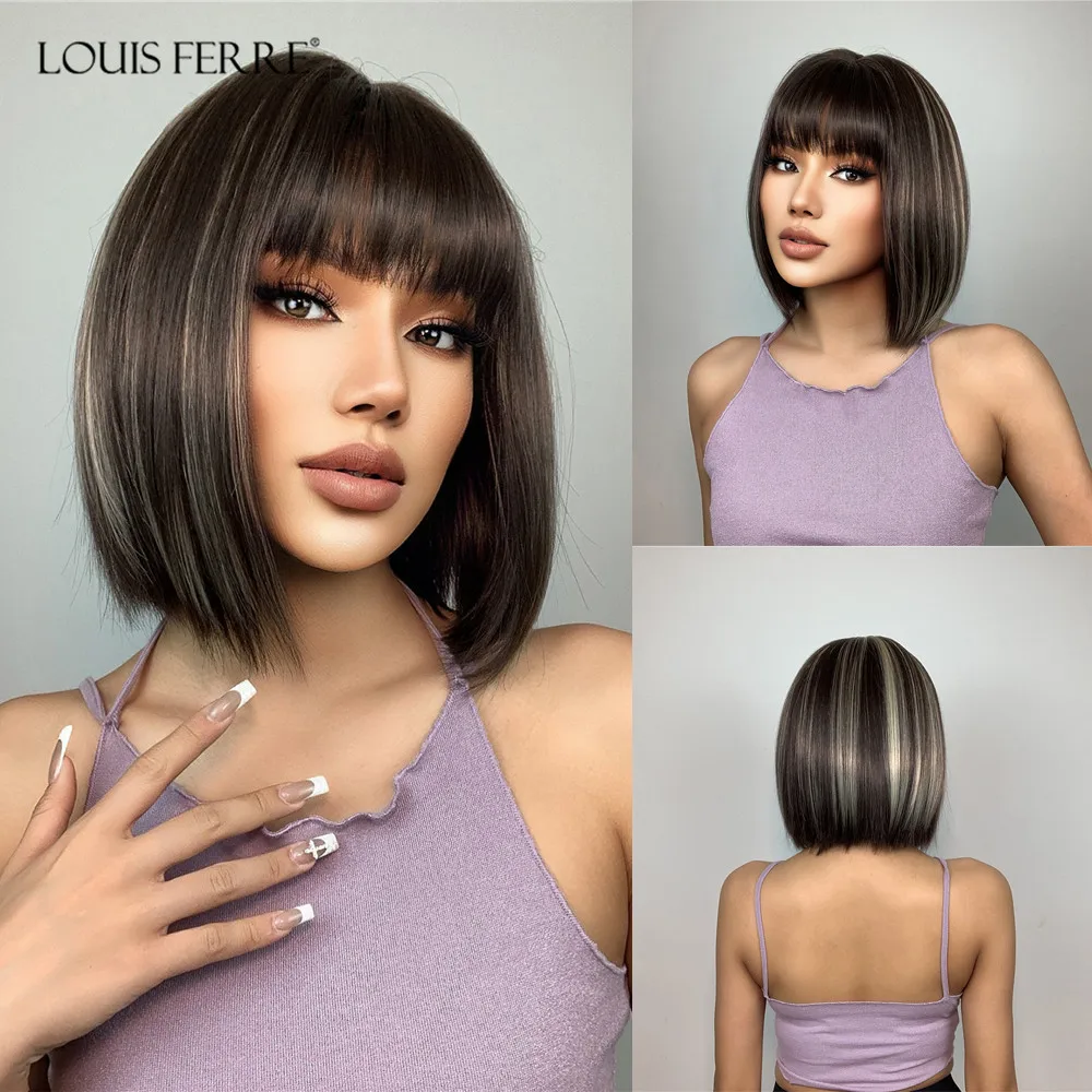 Louis Ferre Short Black Highlight Parrucche Sintetiche Con Frangia Parrucca Diritta Nera Bob Per Le Donne Uso Quotidiano Naturale Ad Alta Temperatura