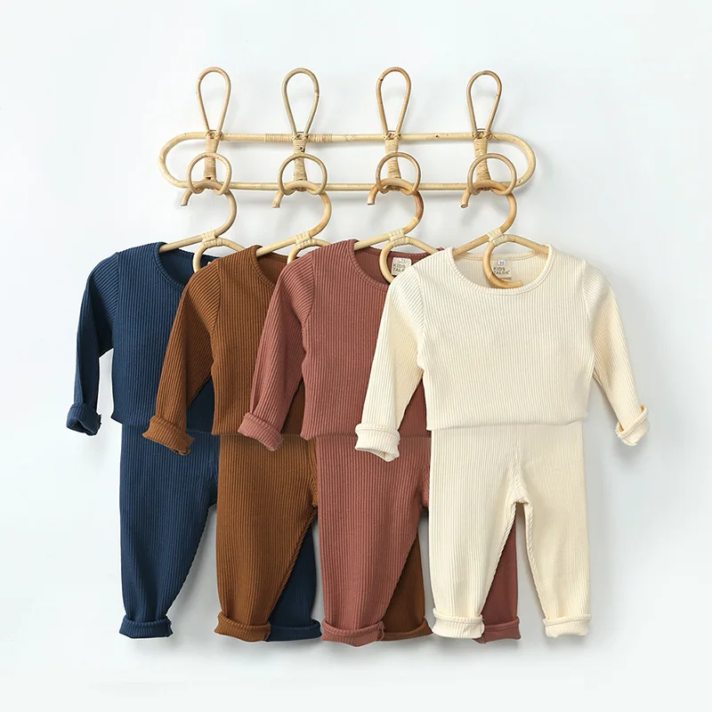 2Pcs Solid Children Pajamas Sets Ribbed Knitting Boys Girls Pyjamas Pullover+Pants Cotton Clothes Korean Kis Sleepwear Tracksuit