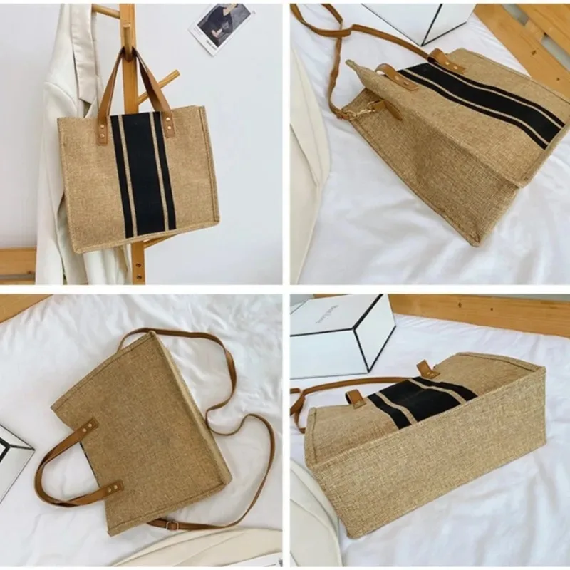 Women's simple large capacity casual shoulder crossbody bag canvas striped decorative bucket shaped handbag top handle handbag