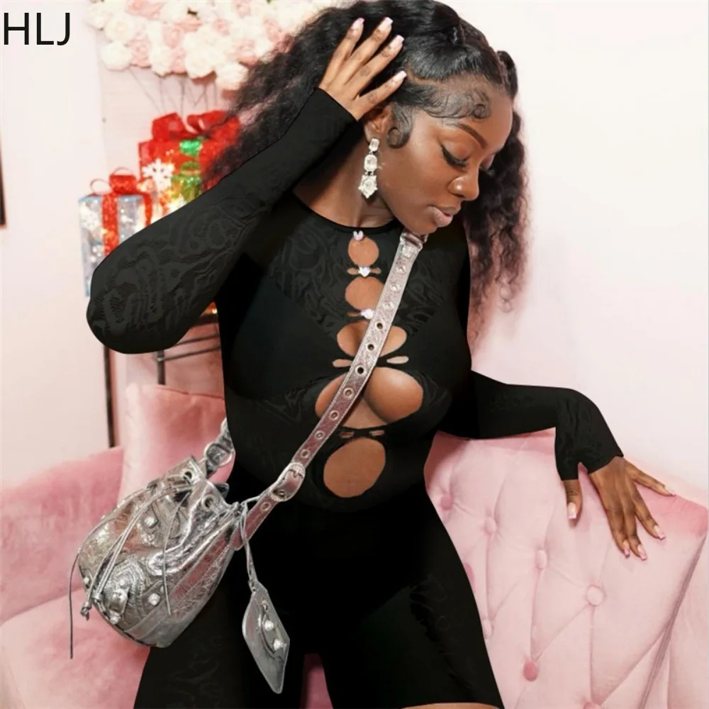 HLJ Sexy Hollow Out Bodycon Nightclub Party Rompers Women Round Neck Long Sleeve Skinny Jumpsuits Female Lace Sporty Playsuits