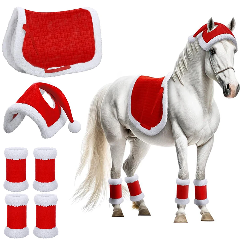 6pcs Horse Christmas Santa Hat Holiday Decor Multi-Purpose Santa Hat Leg Wraps Western Saddle Pad for Horses Parade Family Party