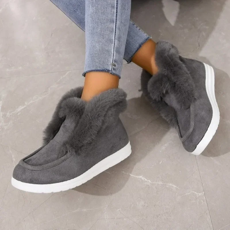 Women Designer Suede Leather Booties Winter New Warm Plush Fur Snow Boots Ladies Slip on Non-slip Platform Shoe Zapatos De Mujer