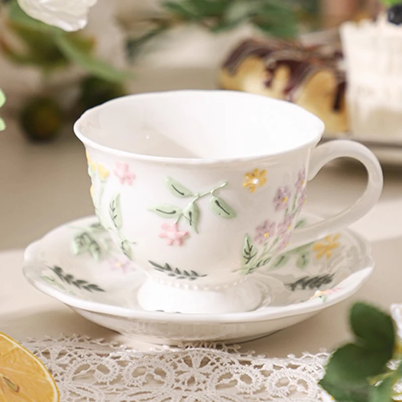 Creative Floral Pattern Cute Cups, Household Office Items Porcelain Water Mug, Minimalist style Coffee Cup and Plate Combination