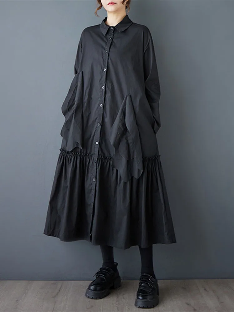 2025 Spring Autumn New Black Vintage Pleated Shirt Dresses For Women Ruffles Long Sleeve Loose Casual Dress Fashion Clothing
