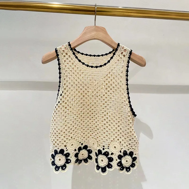 Spring And Summer Hand Hook Flower Square Round Neck Sleeveless Sweater Wide Leg Pants Suit