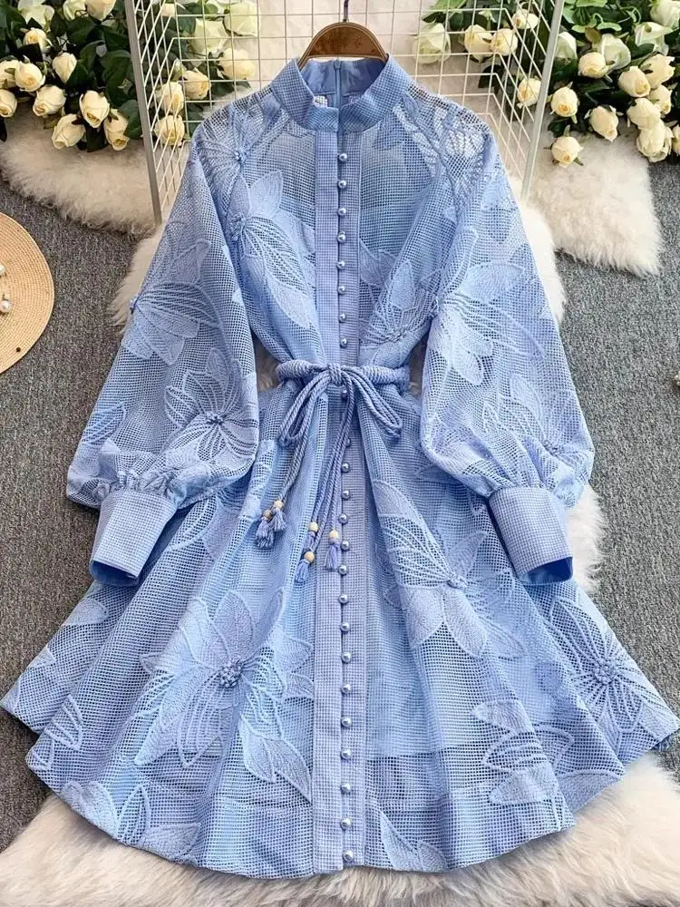 Elegante mini abito monopetto con cintura Donna 2025 Nuova primavera Lanterna di lusso Manica lunga Abiti ricamati Abiti bianchi - Image 4