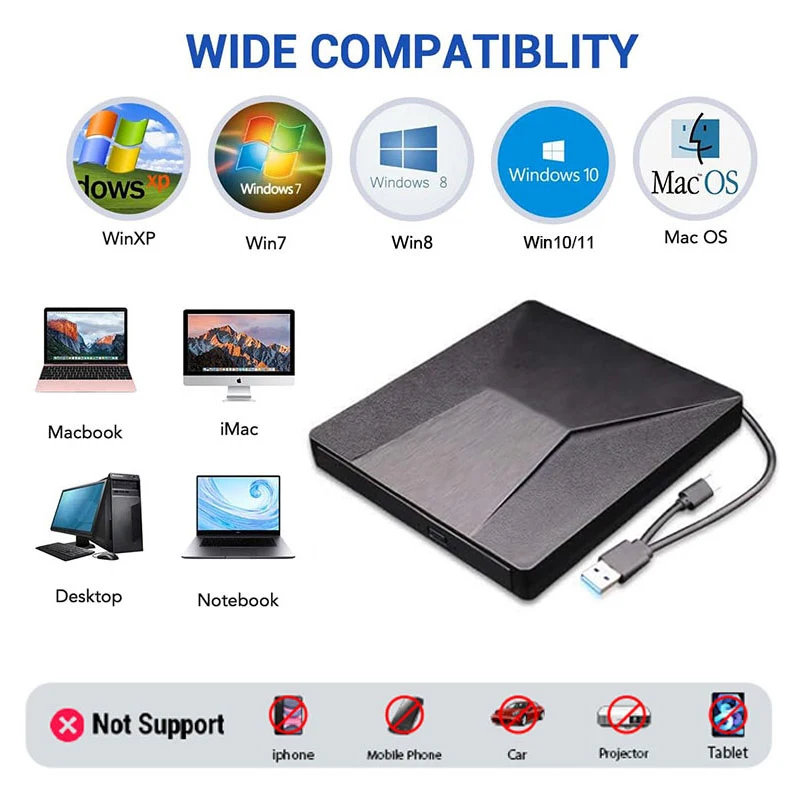 外付けBlu-rayドライブ,3D CDおよびDVDプレーヤー,USB 3.0, Type