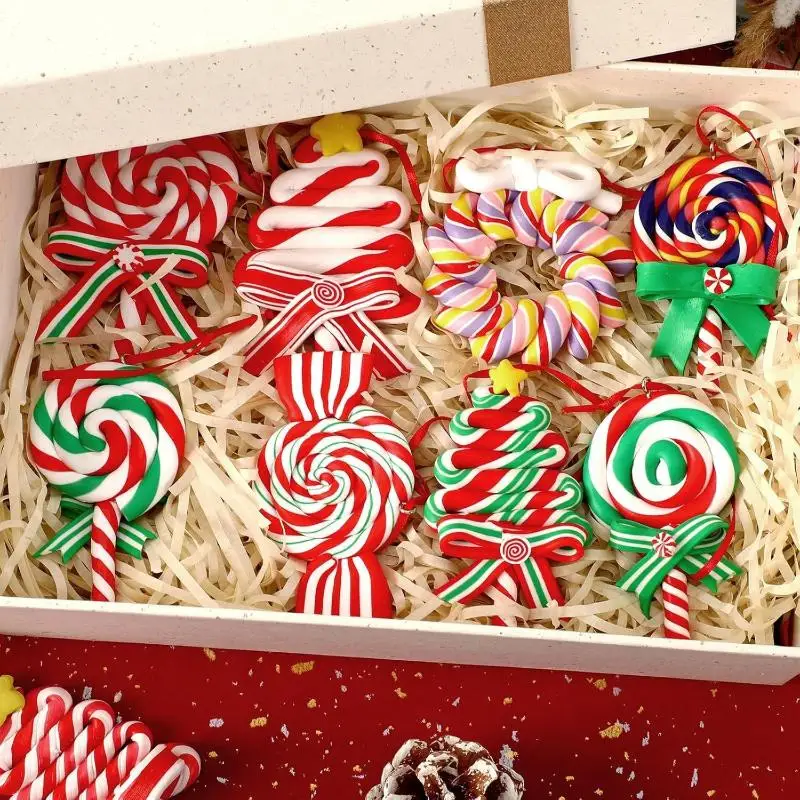 12pcs Christmas Lollipop Ornaments Colorful Wood Candy Cane Hanging Decoration Peppermint Pendants For Xmas Tree