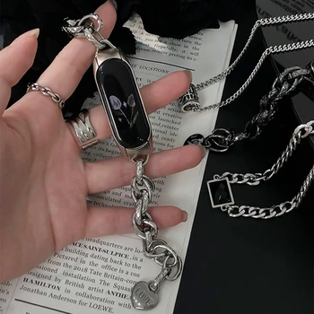 샤오미 미 밴드 8 7 6 5 스트랩 패션 하트 펜던트 체인 팔찌 미밴드 8 4 3 스테인레스 스틸 교체 손목 밴드 코레아 용