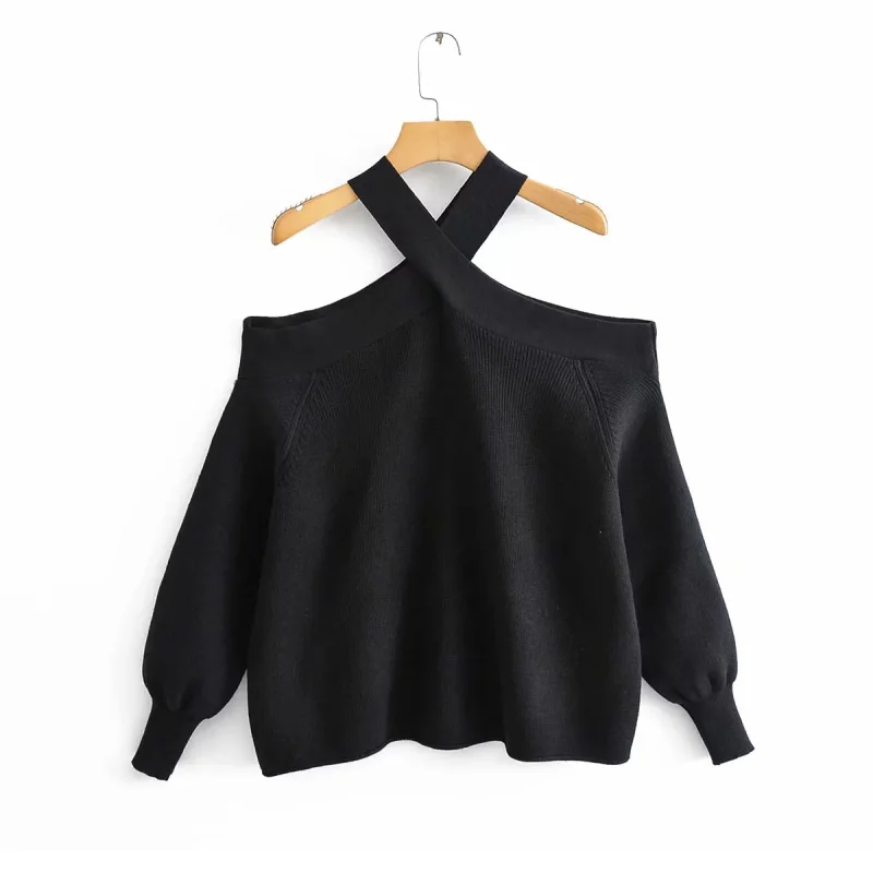 Elegant Sexy Women Sweater Solid Color Full Lantern Sleeve Hollow Out Shoulder Tops 5