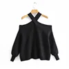 Elegant Sexy Women Sweater Solid Color Full Lantern Sleeve Hollow Out Shoulder Tops 5